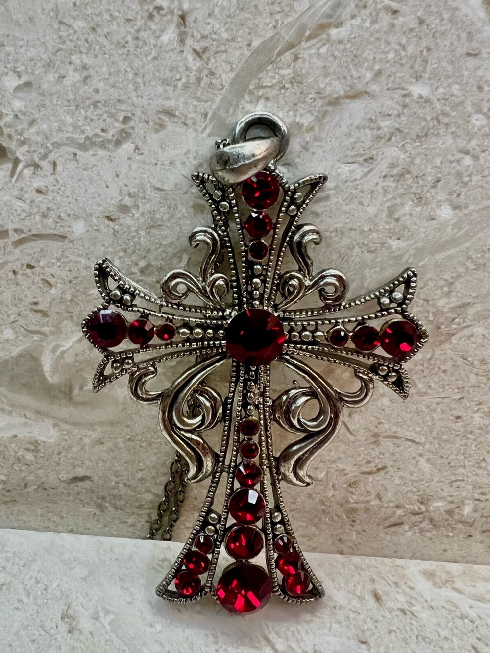 Gothic Austrian Crystal Ruby Red Cross Pendant Necklace